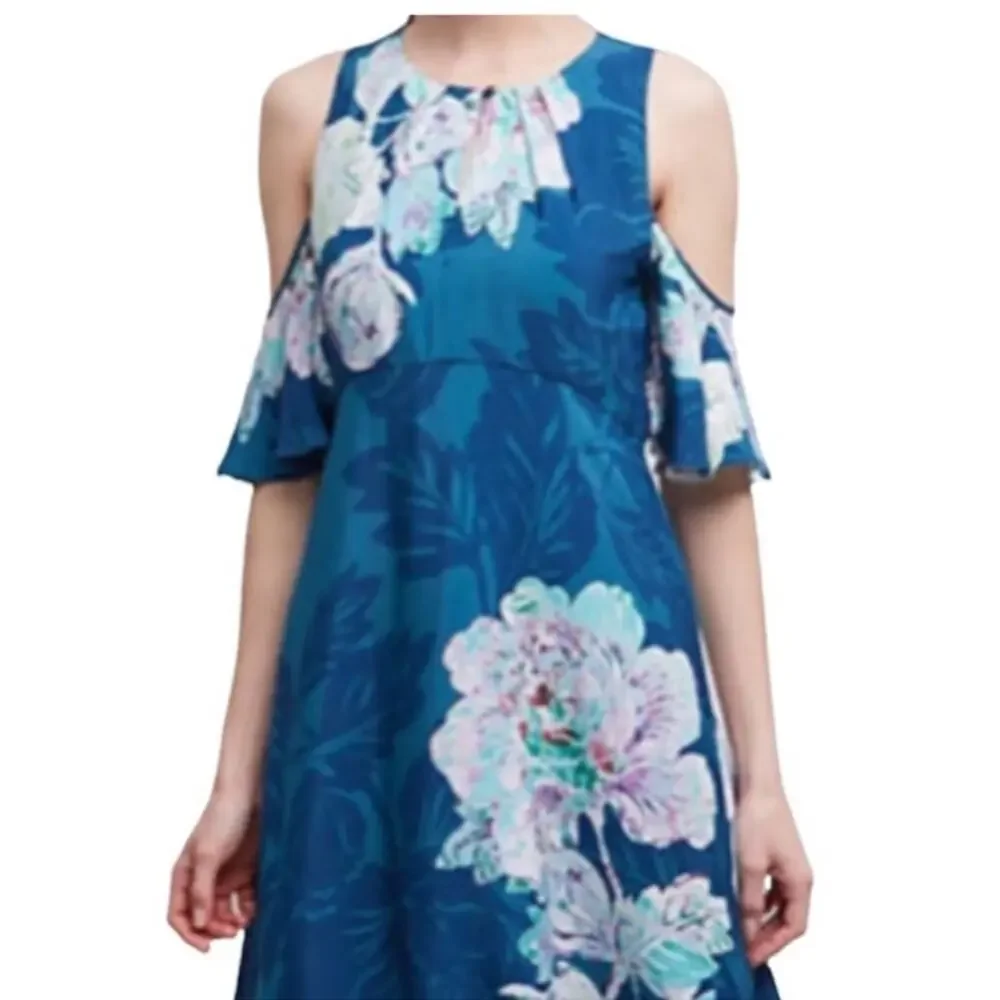 Anthropologie  Maeve Teal Elia Cold Shoulder Floral Mini Dress Sz 2 NWT - Picture 5 of 15